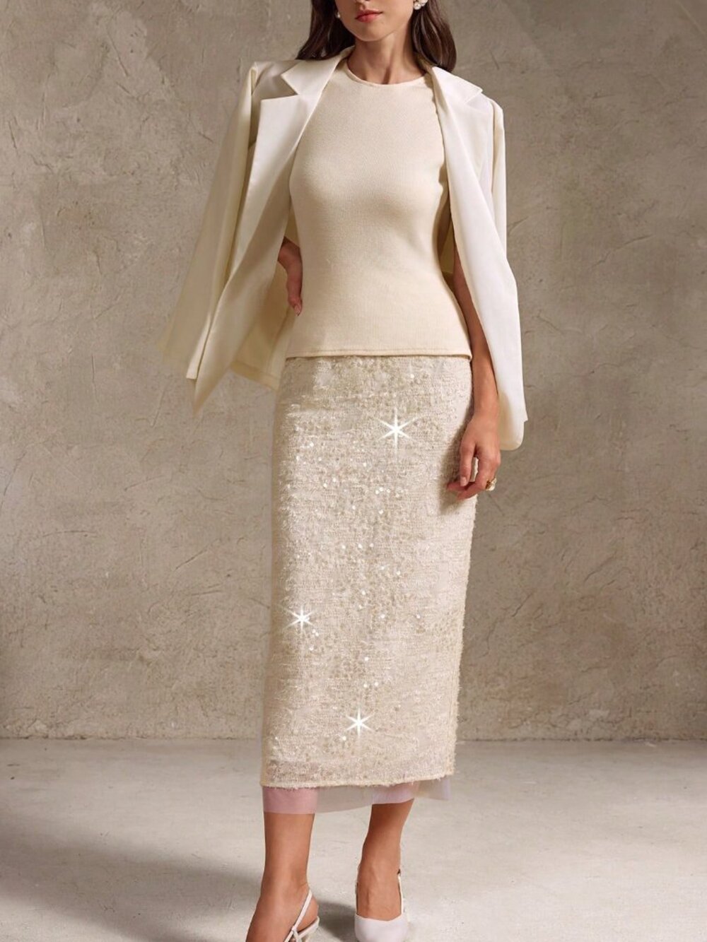 Apricot Casual Elegant Women's Jacquard Sequin 3D Rose Slit Pencil Skirt